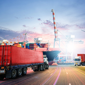 two red container trucks and a cargo ship at the port